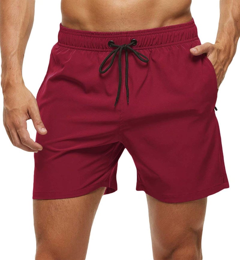 Tyhengta Mens Stretch Swim Trunks Quick Dry Beach Shorts with Zipper Pockets and Mesh Lining Wine-Red 34 - Image 1